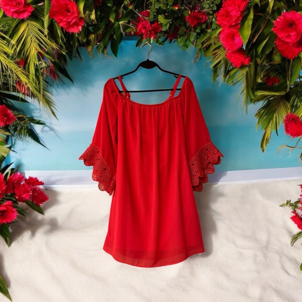 A. Byer Red Off-Shoulder Tunic Top/Dress with Spaghetti Straps & Lace Sleeves